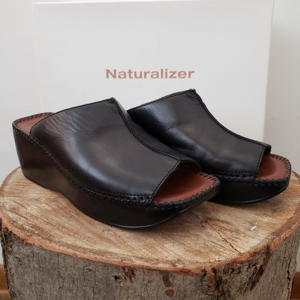 Naturalizer Tempi Black Leather Platform Wedge Sandals Sz 6M Like New